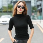MRMT 2025 Brand New Women's T-shirt Middle Sleeved Body Slimming Women T-shirt for Woman Semi-High Collar Thin Tops T Shirt