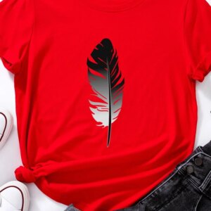 Black Feather Print T Shirt Women Short Sleeve O Neck Loose Tshirt Summer Women Tee Shirt Tops Camisetas Mujer