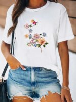 Women Spring Fashion Summer Female Tee Shirt Print Clothes Lady Short Sleeve Flower Lovely Floral Trend 90s Graphic T-shirt