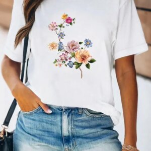 Women Spring Fashion Summer Female Tee Shirt Print Clothes Lady Short Sleeve Flower Lovely Floral Trend 90s Graphic T-shirt