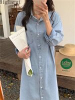 Spring Summer Women Casual Denim Shirt Dress Loose Long Sleeve Cardigan Dress Korea Ladies Womens Denim Shirt Long Dresses