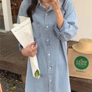 Spring Summer Women Casual Denim Shirt Dress Loose Long Sleeve Cardigan Dress Korea Ladies Womens Denim Shirt Long Dresses