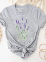 Women Clothing Print Gray T Shirt Short Sleeve Summer Top Plant Flower Trend Fashion Clothes Basic Tee Graphic T-shirt
