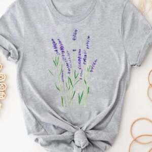 Women Clothing Print Gray T Shirt Short Sleeve Summer Top Plant Flower Trend Fashion Clothes Basic Tee Graphic T-shirt