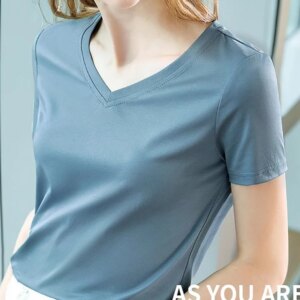 Ice Sensitive Silk Cotton V-neck Short Sleeved T-shirt for Women's Solid Round Neck Basic Commuting Elastic Oversized Top