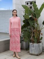 AP 2025 Spring and Summer Women Pink Pattern Satin Slip Dress Knitting V-neck Sweater Sweet Style Clothing
