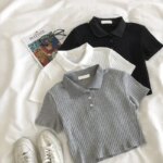 Women Knit School Polo Neck Cropped Shirt Summer Short Sleeve Youthful Solid Color Crop Top Female Basic Blouse Lady Pullover