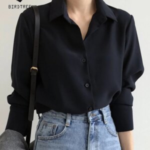 Summer New Arrival Women Solid Black Chiffon Blouse Long Sleeve Casual Shirt Women's Korean BF Style Chic Tops Feminina Blusa T0