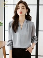 H Han Queen Korean Basic Shirts Woman Vintage Clothing Chiffon Long Sleeve Top Casual Female Work Wear Office Shirts And Blouses