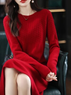Round Neck Cashmere Dress Women's Long Pullover Sweater Autumn And Winter New Knitted Knee-Length Pure Wool Dress