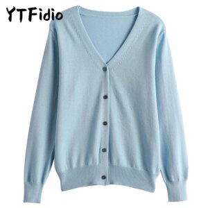 YTFidio 100% Cotton Women V-neck  Long Sleeve Knitwear Cropped Coat Cardigans Sweaters Solid Casual 202