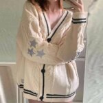 2024 Winter Loose Knitted Cardigans Coat Star Embroidery Y2K Women Sweaters Streetwear Vintage Casual Single Long Sleeve Top