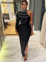New Luxury Elegant Big Diamonds One Sleeve Black Bandage Beaded Evening Party Split Dress for Women Birtdhay Clubwear Prom Robe