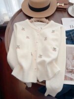 Zoki Print Sweet Pearls Cardigan Sweaters Women Fashion O Neck Knitted Coat Elegant Cute Long Sleeve Female Fall All Match Tops