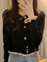 Jmprs Ruffles Sweet Cardigan Sweaters Women Fashion Slim Long Sleeve Knitted Short Coat Elegant Patchwork Korean Lady Black Tops