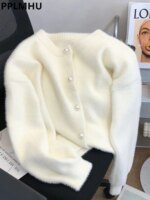 Imitation Mink Sweater Cardigan Women Korean Slim Plush Knit O-neck Short Tops Casual Knitwear Gilet Jackets Soft Malhas Coats