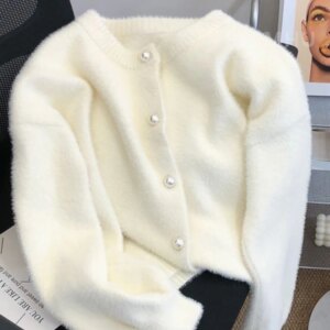 Imitation Mink Sweater Cardigan Women Korean Slim Plush Knit O-neck Short Tops Casual Knitwear Gilet Jackets Soft Malhas Coats
