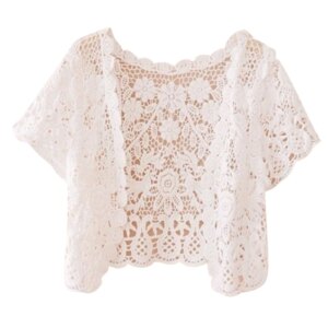 M2EA Womens Short Sleeve Open Front Lace Cardigan Floral Crochet Sheer Beach Cover Up Shrugs Crop Bolero Jackets for Dresses