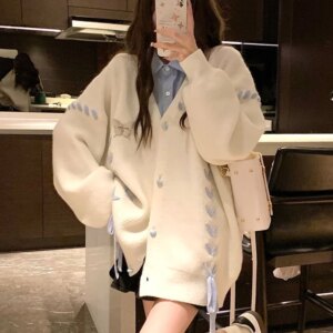 Preppy V-neck Cardigan Sweaters for Women Sweet Lace-up Kawaii Schoolgirls Long-sleeved Knitwear Coat Ins Autumn Korean Version