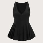 Plus Size Elegant Sleeveless Summer Peplum Blouse V-neck Bow Detail Solid Black Tunic Top Large Size Casual A-line T-shirt Tank