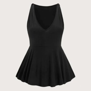Plus Size Elegant Sleeveless Summer Peplum Blouse V-neck Bow Detail Solid Black Tunic Top Large Size Casual A-line T-shirt Tank