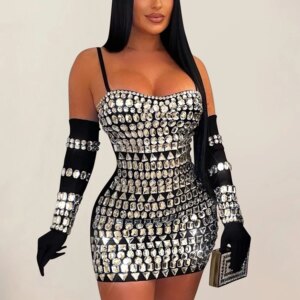 Wishyear Luxury Guest Wedding Party Dress With Golves Women‘s Diamond Bodycon Spaghetti Strips Mini Vestidos Birthday Clubwear
