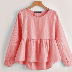 ZANZEA Women Long Sleeve Round Neck Shirts Korean Striped Blouse Autumn 2024 Pleating Tunics Casual Loose Pleated Peplum Tops