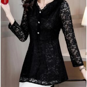 M-5XL 2023 Women Winter Spring Basic Black Lace Shirts Elegant Office Lady Loose Casual Ruffles Tunic Peplum Tops And Blouses