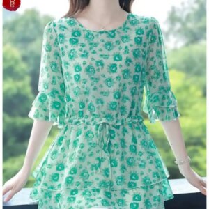 S-4XL Loose Clothes 2023 Women Summer Short Sleeve Elegant Ruffles Shirts Casual Chiffon Floral Tunic Peplum Tops And Blouses