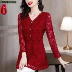 M-4XL 2023 Women Hot Sales Elegant Office Lady Work Button Black Lace Shirt Casual Belly A Line Tunic Peplum Tops And Blouses