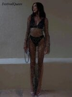Shiny Rhinestones Grid Fishnet Dress Long Sleeve O-Neck Hollw Out Side Slit Dress Sexy Beach Cover Up Breathable Lady Vestidos