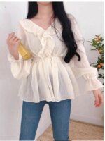 Cute Chic Tops Women Preppy Style Girls Korea Japanese Design Slim Waist Belly Peplum Tunic Ruffled Top Blouse Flhjlwoc Vestido