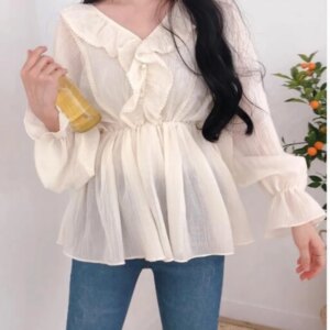 Cute Chic Tops Women Preppy Style Girls Korea Japanese Design Slim Waist Belly Peplum Tunic Ruffled Top Blouse Flhjlwoc Vestido