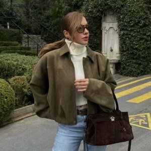 Women Green Suede Leather Jacket 2025 Fashion Oversized Full Sleeve Lapel Bomber Coat Female High Street Outerwears New Spring