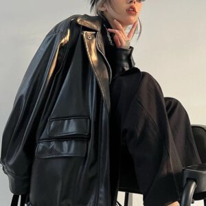 Tawaaiw Streetwear Black PU Leather Coats And Jackets Women Pocket Long Sleeve Y2K Gothic Autumn Spring Ladies Jackets Outerwear