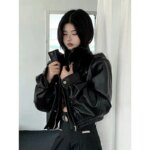 MEXZT Cropped Pu Leather Jackets Women Black Motorcycle Short Coat Streetwear Vintage Korean Loose Casual All Match Outerwear