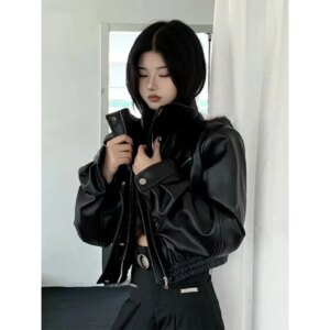 MEXZT Cropped Pu Leather Jackets Women Black Motorcycle Short Coat Streetwear Vintage Korean Loose Casual All Match Outerwear