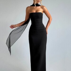 Mozision Scarf Collar Strapless Sexy Maxi Dress For Women Fashion Off-shoulder Backless Bodycon Club Party Long Dress Elegant