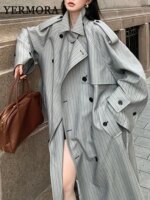 YERMORA Fashion Designer Long Trench Coat Women Lapel Double Breasted Belt Gathered Waist Windbreaker 2024 Autumn Winter New