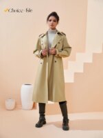 FSLE Women Trench Khaki Autumn Long Trench Coats Turn Down Collar Full Sleeve 100% Cotton Women Oversized Trench 24FS11325