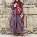 LZJN Women's Chinese-Style Floral Embroidered Trench Coat, Maxi Loose Overcoat, Windproof Fleece Jacket, for Autumn and Winter