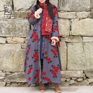 LZJN Women's Chinese-Style Floral Embroidered Trench Coat, Maxi Loose Overcoat, Windproof Fleece Jacket, for Autumn and Winter
