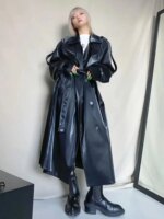 ADAgril Black Leather Trench Coat Women Retro Biker Long Windbreak Jackets Loose Korean Style Fashion Autumn Winter Clothes New