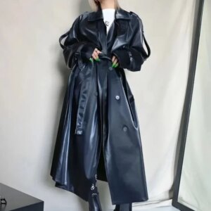 ADAgril Black Leather Trench Coat Women Retro Biker Long Windbreak Jackets Loose Korean Style Fashion Autumn Winter Clothes New