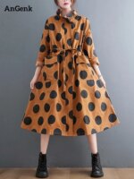 2022 Autumn Winter Oversized Polka Dot Long Trench Coat For Women Clothes Stand Collar Drawstring Fashion Casual Loose Outerwear