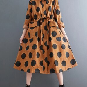 2022 Autumn Winter Oversized Polka Dot Long Trench Coat For Women Clothes Stand Collar Drawstring Fashion Casual Loose Outerwear
