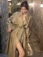 Autumn Winter Khaki Long Trench Coat for Women 2024 Jacket Elegant Outerwear Turn-down Collar Tie Belt Korean Chic Windbreaker