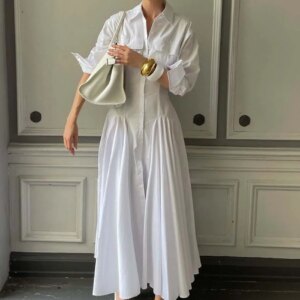 Oymimi Elegant White Lapel Women's Dress Fashion Three Quarter Sleeve Pockets Dresses Casual Button Pleated Ankle-Length Dresses