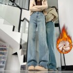 ZOENOVA Autumn Winter Classic Y2K Fleece Jeans Women Fashion Elegant Lady Casual Versatile Loose Plus FleeceDenim Wide Leg Pants