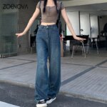 ZOENOVA Maillard 2024 Spring Autumn Fashion Simple Women's Jeans Casual Retro Loose Straight Wide Leg Pants Floor Mopping Jean